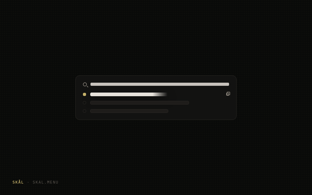 Abstract drawing: a launcher card whose first row is a bright answer line marked in gold, dim result rows below